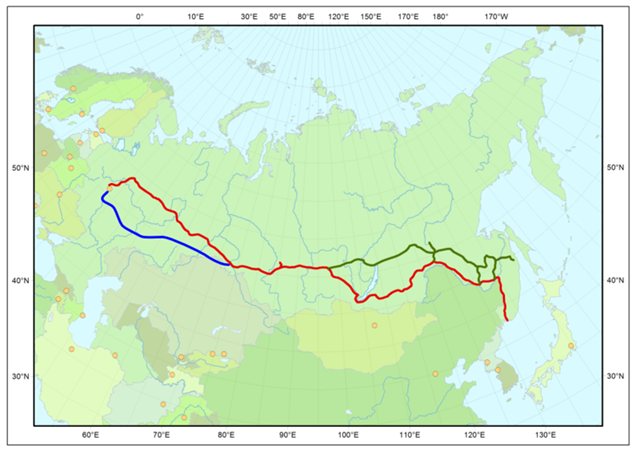 Зеленым цветом показана трасса Байкало-Амурской железнодорожной магистрали, ее глобальный смысл, который все еще не дает России никаких экономических выгод. Но это результат теоретических и стратегических исследований двух веков. Потенциал! Результат работы зеков и романтиков. 