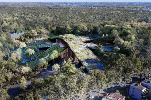 Подземный музей с зелеными лентами в ландшафте