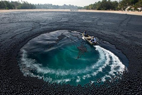 Резервуар Айвенго и тысячи черных шариков