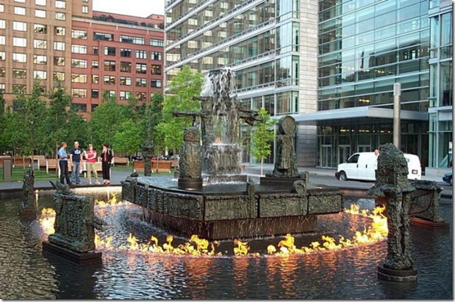 La Joute Fountain in fire