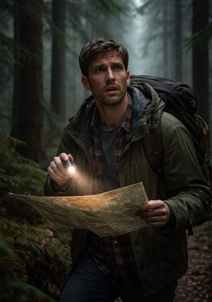 заблудившийся в лесу человек ищет выход