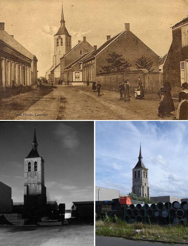 церковная башня Вилмарсдонк среди портовых сооружений Антверпена