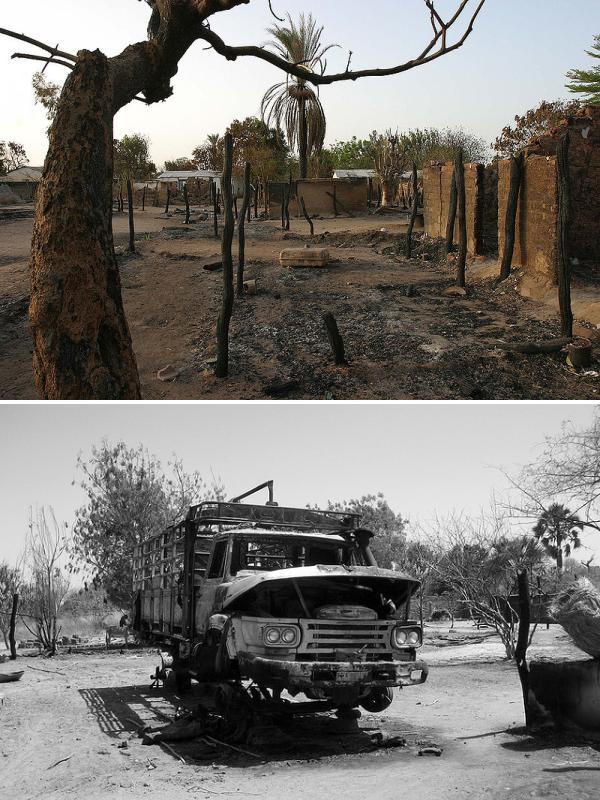 разрушенные здания в городе Бирао