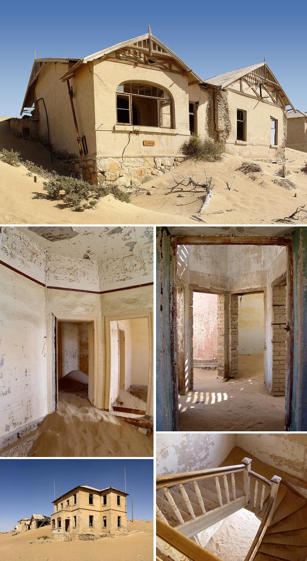 заброшенные здания алмазного посёлка Колманскоп в Намибии