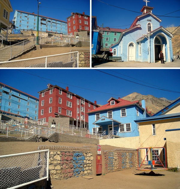 разноцветные здания города Сьюэлл на склоне Анд