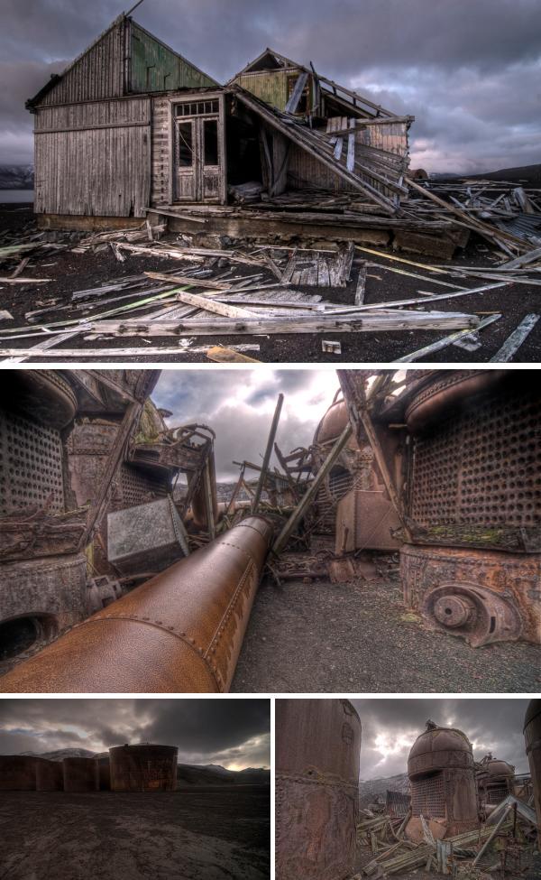 руины китобойной станции в Антарктике заброшенные постройки китобойной станции на фоне заснеженных гор