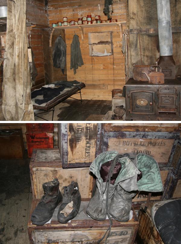 сохранившаяся обувь в хижине Скотта меховые сапоги экспедиции Скотта внутри антарктической хижины