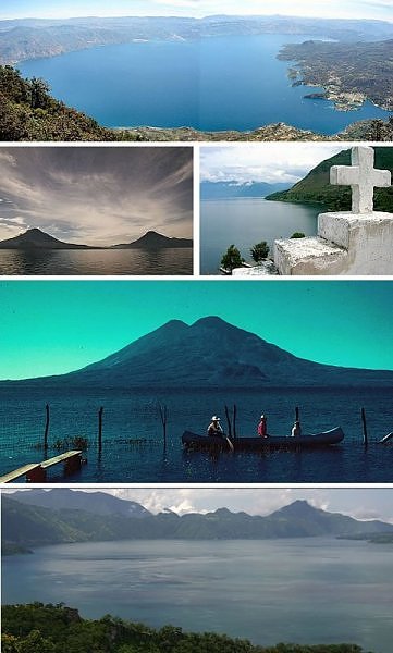 Живописный вид на озеро Атитлан с окружающими вулканами