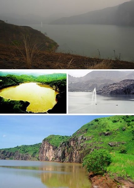 Озеро Ниос с разноцветной водой и вулканическим ландшафтом