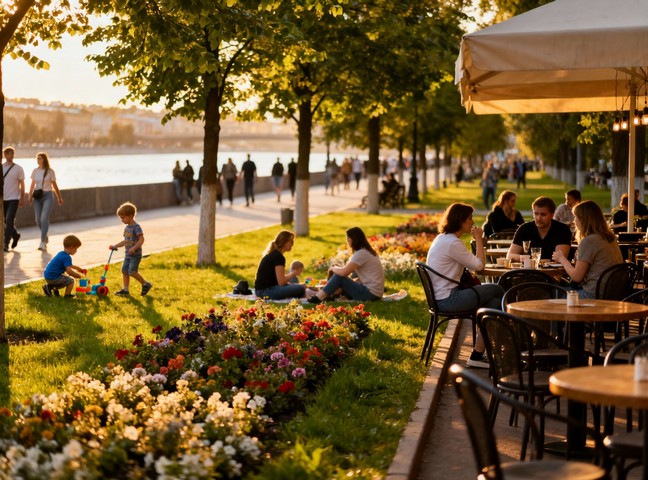 люди на прогулке в вечерней Москве