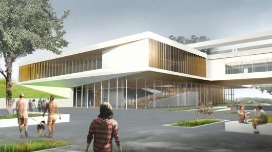 вид сверху на территорию студенческого кампуса с террасами и переходами