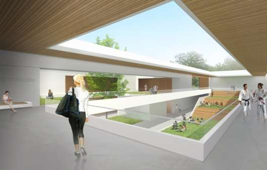 жилые корпуса кампуса на фоне открытых общественных пространств