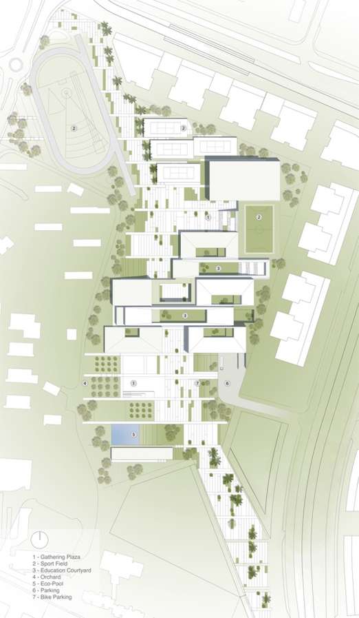 разрез здания студенческого кампуса с террасами и внутренними дворами